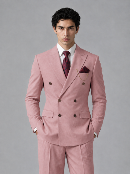 Savile Men's Dusty Rose Double-Breasted 2-Piece Suit Set – Peak Lapel Blazer & Pleated Wide-Leg Trousers - Dusty Rose - Dusty Rose_1