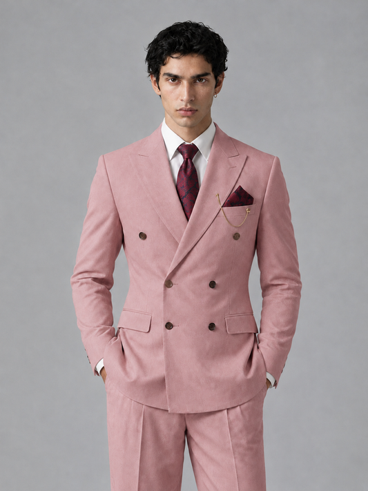 Savile Men's Dusty Rose Double-Breasted 2-Piece Suit Set – Peak Lapel Blazer & Pleated Wide-Leg Trousers - Dusty Rose - Dusty Rose_1