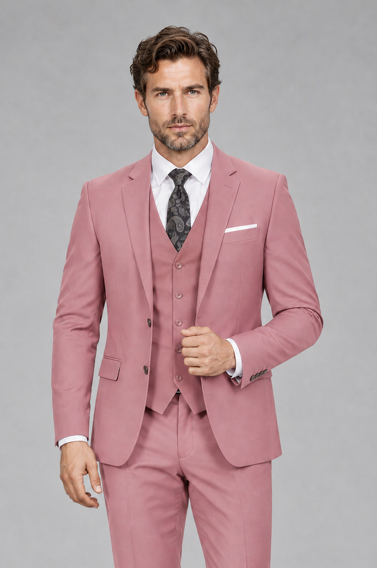 Savile Men's Dusty Rose 3-Piece Suit Set – Notch Lapel Blazer, Vest & Trousers - Dusty Rose - Dusty_Rose_1