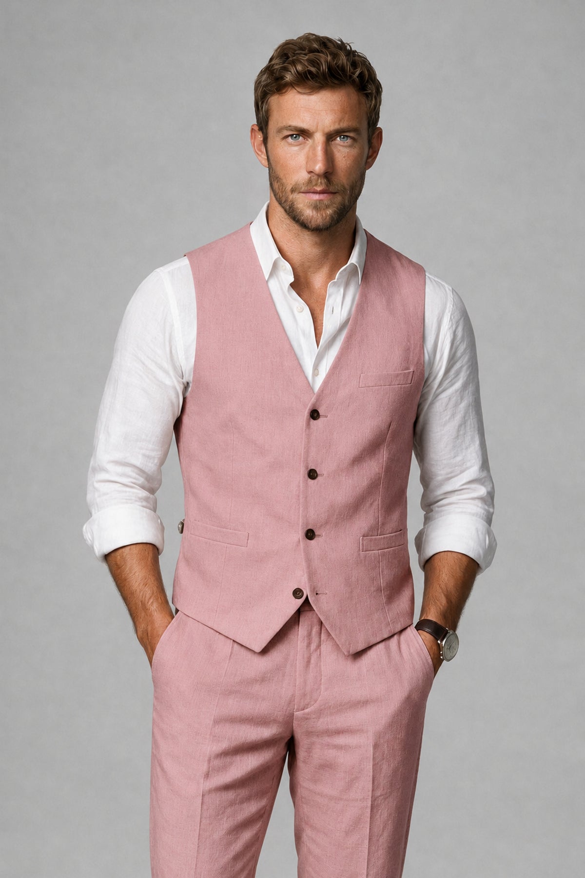 Men's Dusty Rose Linen Blend Single-Breasted V-Neck Suit Vest | Savile QX0101 - Dusty Rose