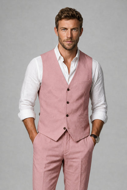 Men's Dusty Rose Linen Blend Single-Breasted V-Neck Suit Vest | Savile QX0101 - Dusty Rose