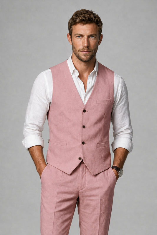Men's Dusty Rose Linen Blend Single-Breasted V-Neck Suit Vest | Savile QX0101 - Dusty Rose