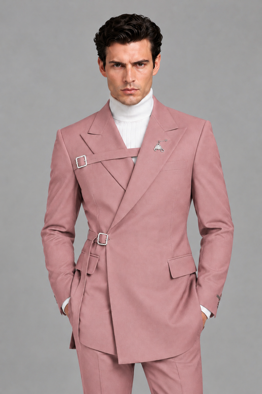 Savile Men's Dusty Rose Double Buckle Wrap Belted 2-Piece Suit Set – Peak Lapel Slim-Fit Jacket & Trousers - Dusty Rose - Dusty Rose_1