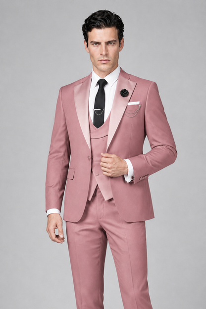 Savile Men's Dusty Rose 3-Piece Tuxedo Suit – Contrast Silver Peak Lapel & Grey Vest Formal Set - Dusty Rose - Dusty Rose_1