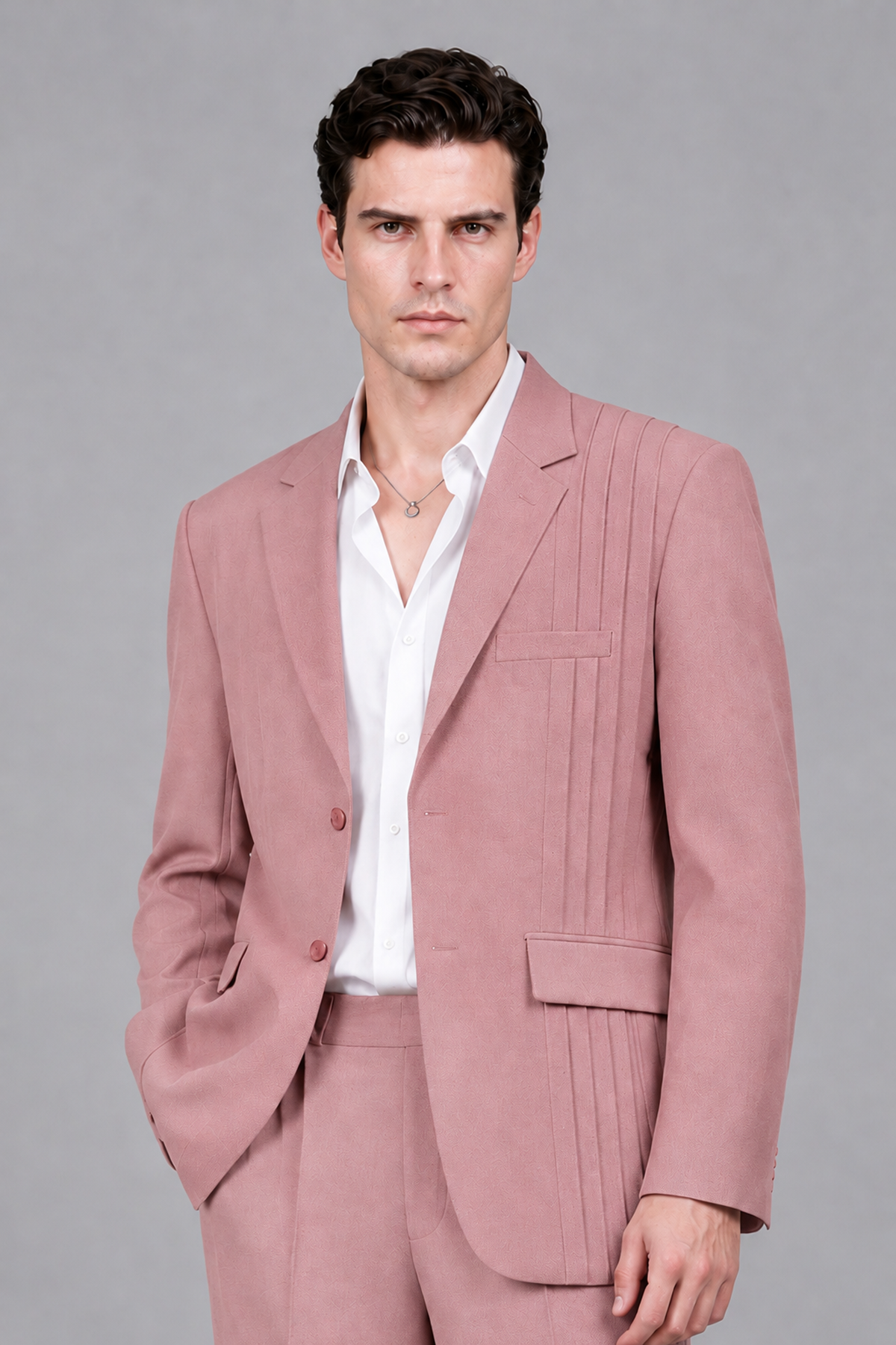 Savile Men's Dusty Rose Pleated 2-Piece Suit Set | Notch Lapel Blazer & Tailored Trousers - Dusty Rose - Dusty Rose_1