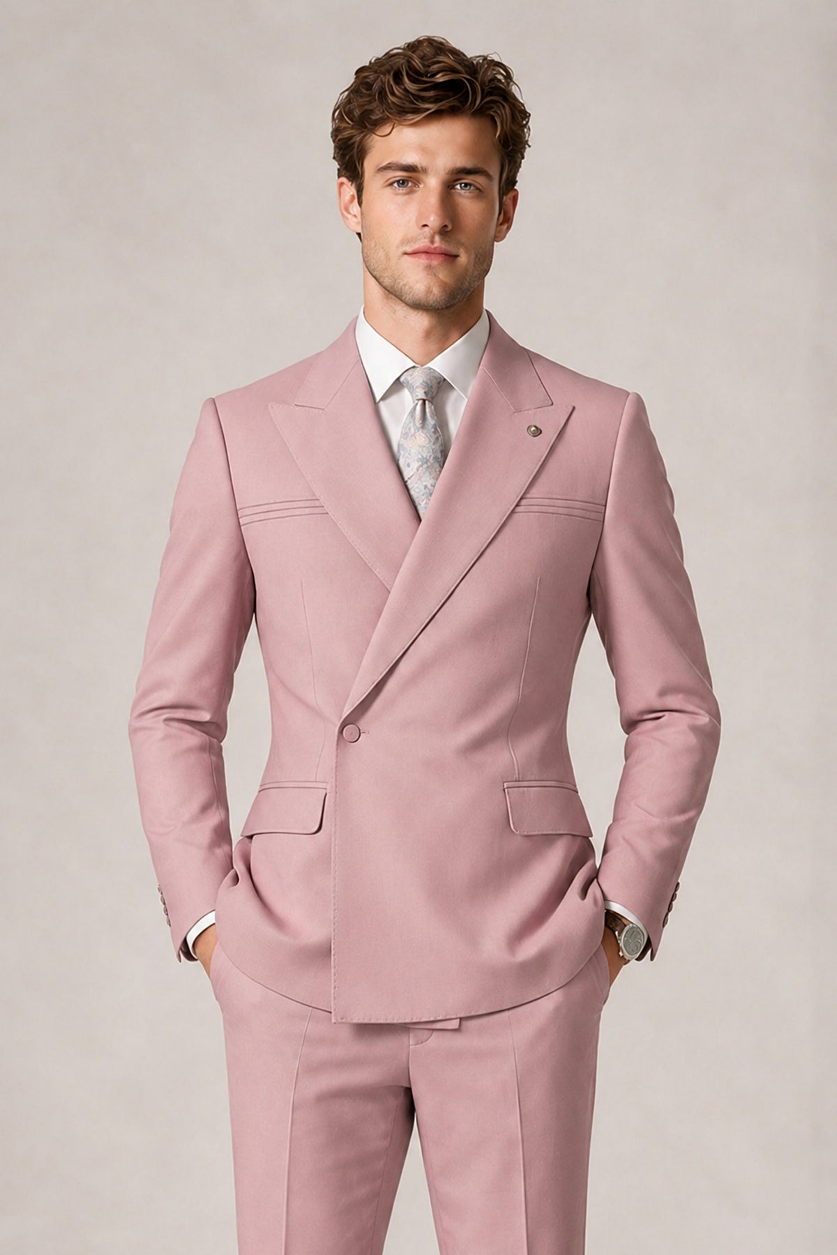 Savile Men's Dusty Rose Double-Breasted Slim Fit 2-Piece Suit Set – Peak Lapel Blazer & Cuffed Trousers | Wedding Prom Formal - Dusty Rose