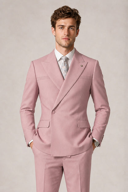 Savile Men's Dusty Rose Double-Breasted Slim Fit 2-Piece Suit Set – Peak Lapel Blazer & Cuffed Trousers | Wedding Prom Formal - Dusty Rose
