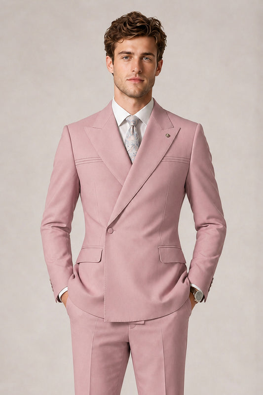 Savile Men's Dusty Rose Double-Breasted Slim Fit 2-Piece Suit Set – Peak Lapel Blazer & Cuffed Trousers | Wedding Prom Formal - Dusty Rose