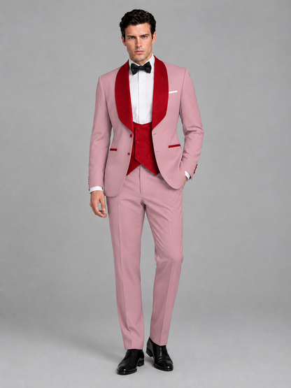 Savile Men's Dusty Rose 3-Piece Tuxedo Suit Set – Contrast Red Shawl Lapel Blazer, Red Waistcoat & Trousers - SUC020 - Dusty_Rose
