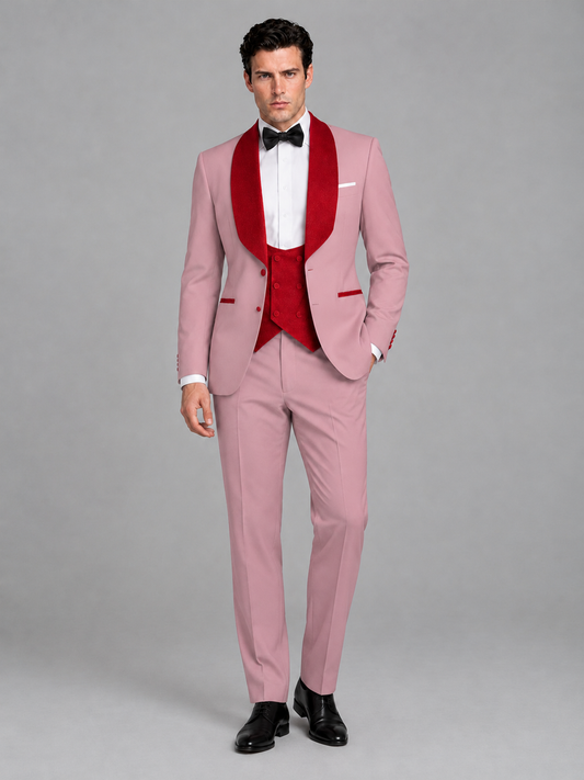 Savile Men's Dusty Rose 3-Piece Tuxedo Suit Set – Contrast Red Shawl Lapel Blazer, Red Waistcoat & Trousers - SUC020 - Dusty_Rose