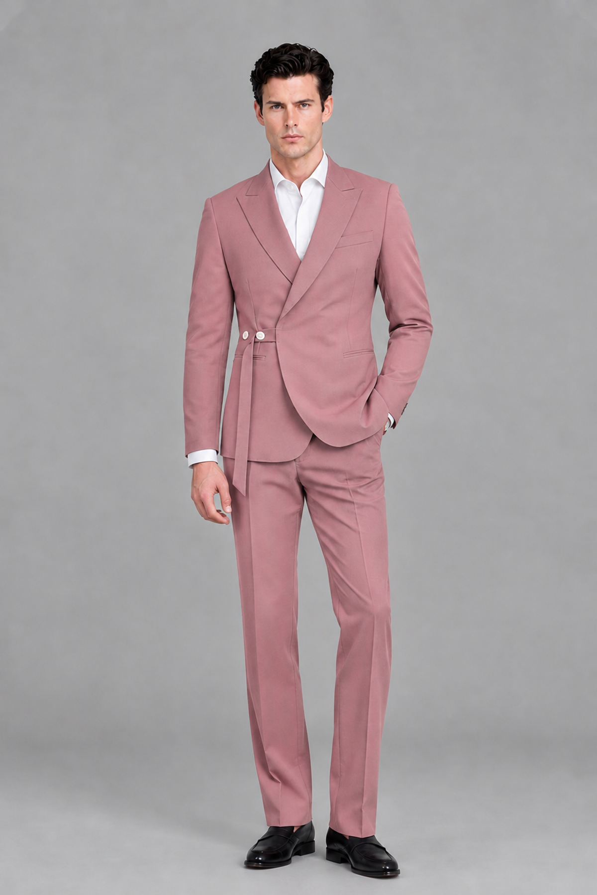 Savile Men's Modern Dusty Rose 2-Piece Wrap Suit Set – Peak Lapel Side-Button Blazer & Tailored Trousers - Dusty Rose - Dusty_Rose_2