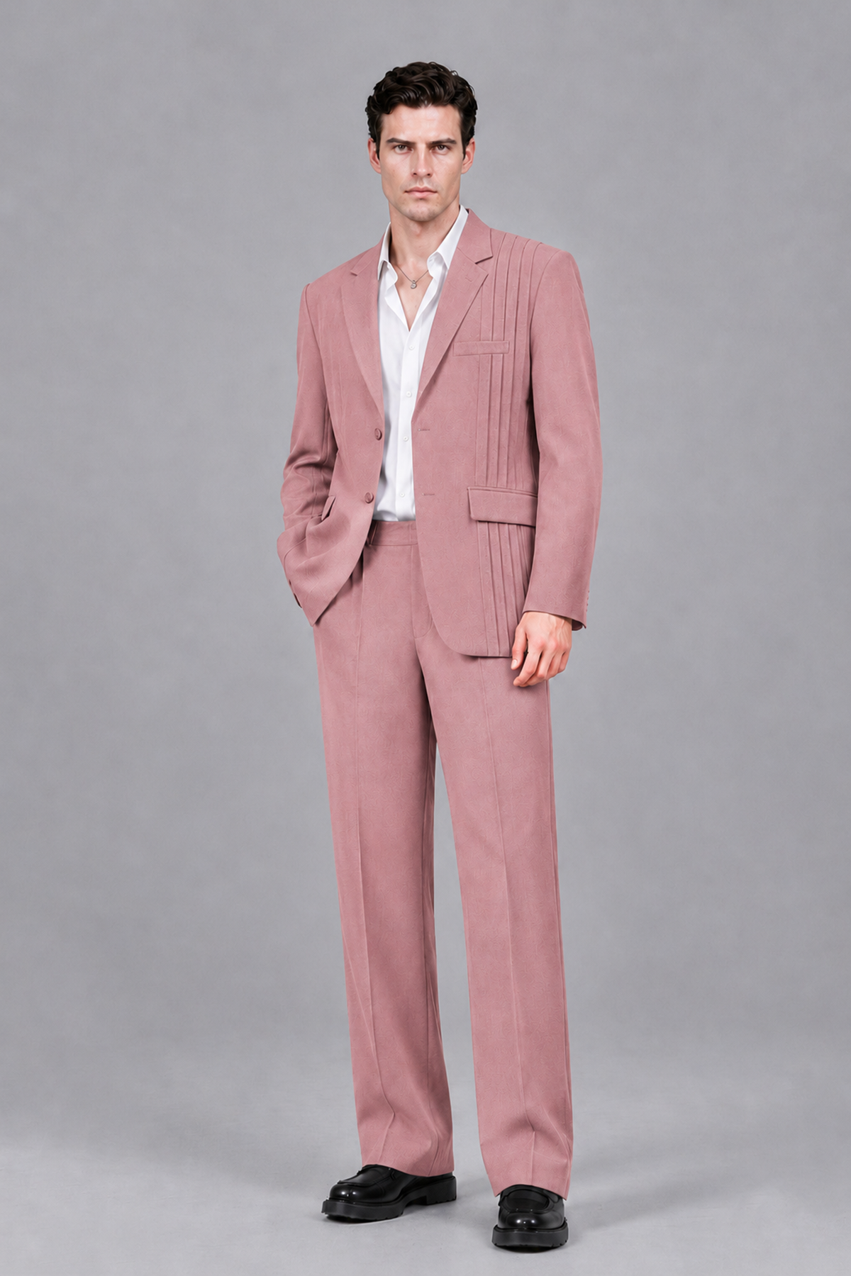 Savile Men's Dusty Rose Pleated 2-Piece Suit Set | Notch Lapel Blazer & Tailored Trousers - Dusty Rose - Dusty Rose_2