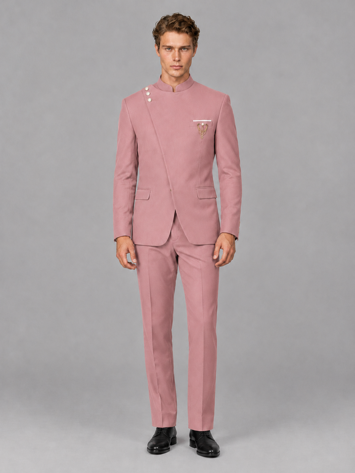 Savile Men's Dusty Rose Mandarin Collar Asymmetrical 2-Piece Suit Set – Modern Jacket & Trousers - Dusty Rose - Dusty Rose_2