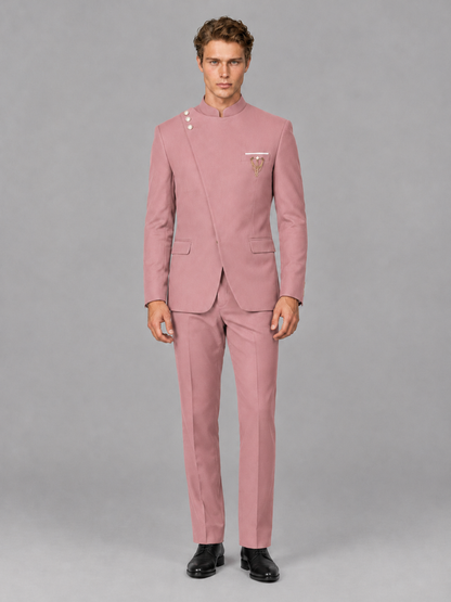 Savile Men's Dusty Rose Mandarin Collar Asymmetrical 2-Piece Suit Set – Modern Jacket & Trousers - Dusty Rose - Dusty Rose_2