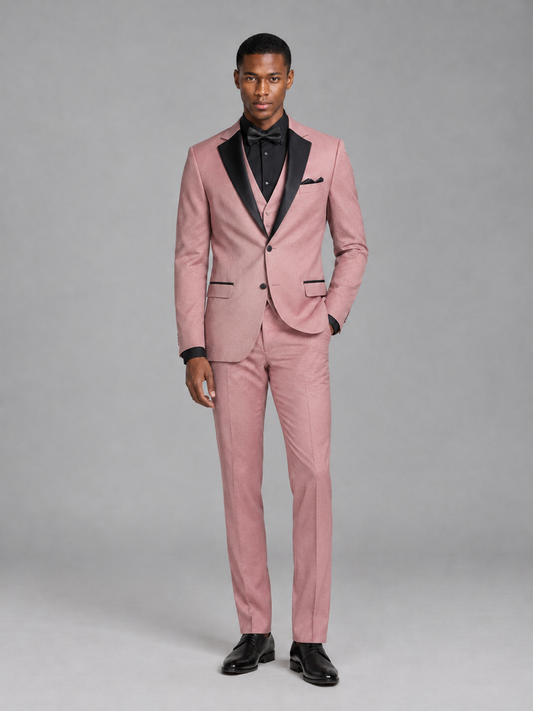 Savile Men's Dusty Rose Contrast Shawl Lapel Tuxedo Suit – 3-Piece Wedding, Prom & Black-Tie Formal Set - Dusty Rose - Dusty Rose_2