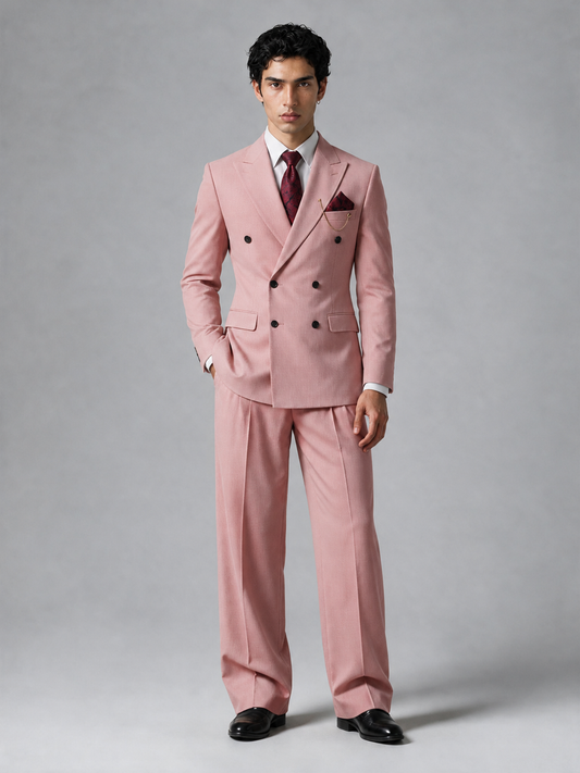 Savile Men's Dusty Rose Double-Breasted 2-Piece Suit Set – Peak Lapel Blazer & Pleated Wide-Leg Trousers - Dusty Rose - Dusty Rose_2