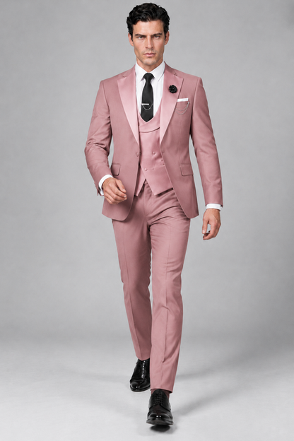 Savile Men's Dusty Rose 3-Piece Tuxedo Suit – Contrast Silver Peak Lapel & Grey Vest Formal Set - Dusty Rose - Dusty Rose_2