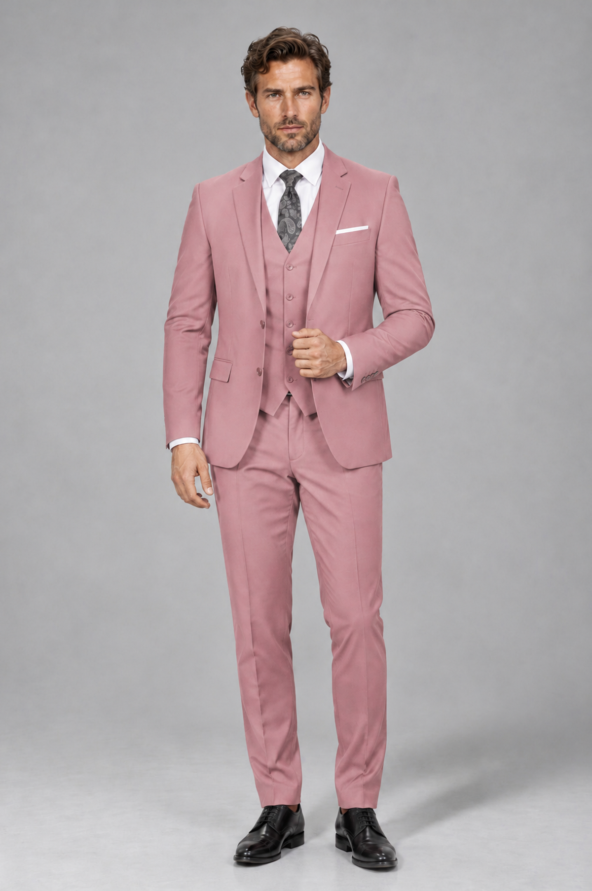Savile Men's Dusty Rose 3-Piece Suit Set – Notch Lapel Blazer, Vest & Trousers - Dusty Rose - Dusty_Rose_2