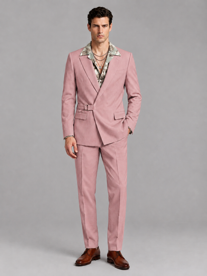 Savile Men's Dusty Rose Belted Wrap 2-Piece Suit – Peak Lapel Blazer & Tailored Trousers - SUC060 - Dusty Rose - Dusty Rose_2