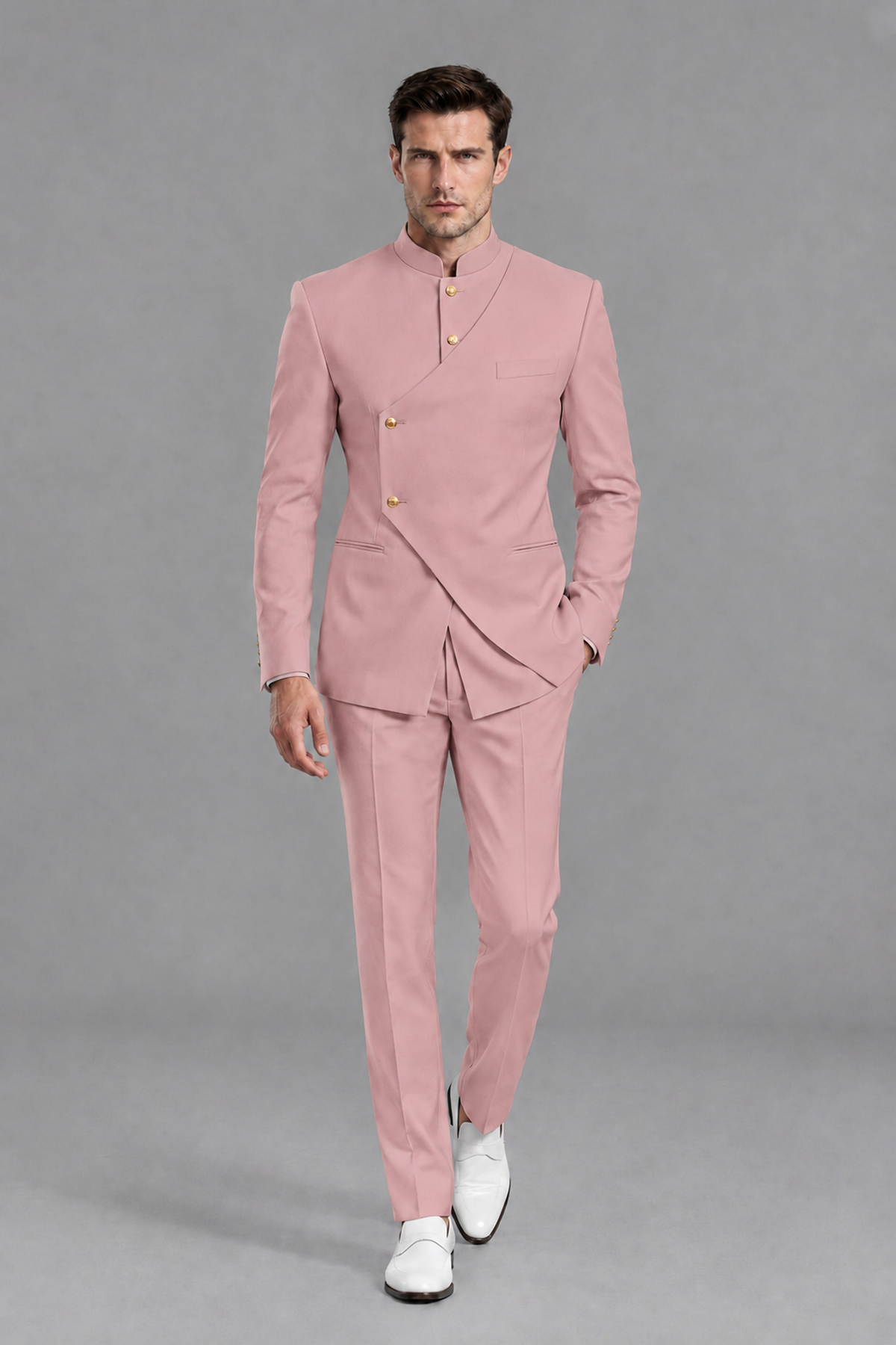 Savile Men's Dusty Rose Asymmetrical Mandarin Collar Tuxedo Suit – Modern 2-Piece Gold Button Wedding, Prom & Gala Set - Dusty Rose - Dusty Rose_2