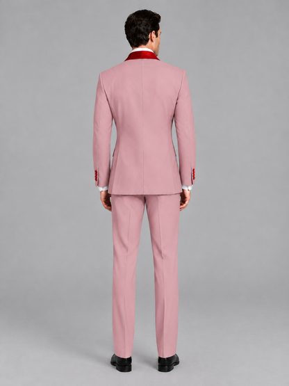 Savile Men's Dusty Rose 3-Piece Tuxedo Suit Set – Contrast Red Shawl Lapel Blazer, Red Waistcoat & Trousers - SUC020 - Dusty_Rose