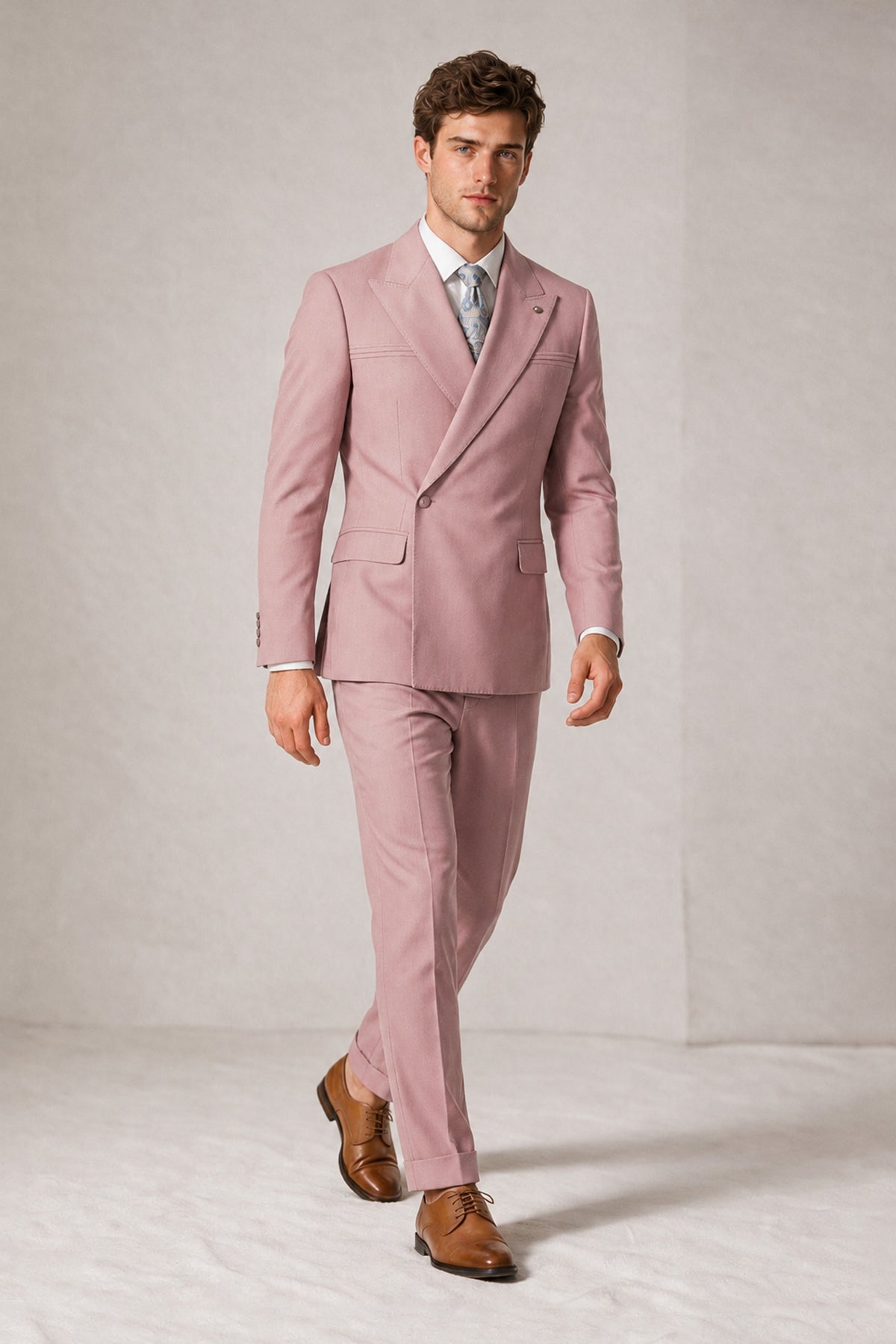 Savile Men's Dusty Rose Double-Breasted Slim Fit 2-Piece Suit Set – Peak Lapel Blazer & Cuffed Trousers | Wedding Prom Formal - Dusty Rose