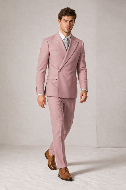 Savile Men's Dusty Rose Double-Breasted Slim Fit 2-Piece Suit Set – Peak Lapel Blazer & Cuffed Trousers | Wedding Prom Formal - Dusty Rose
