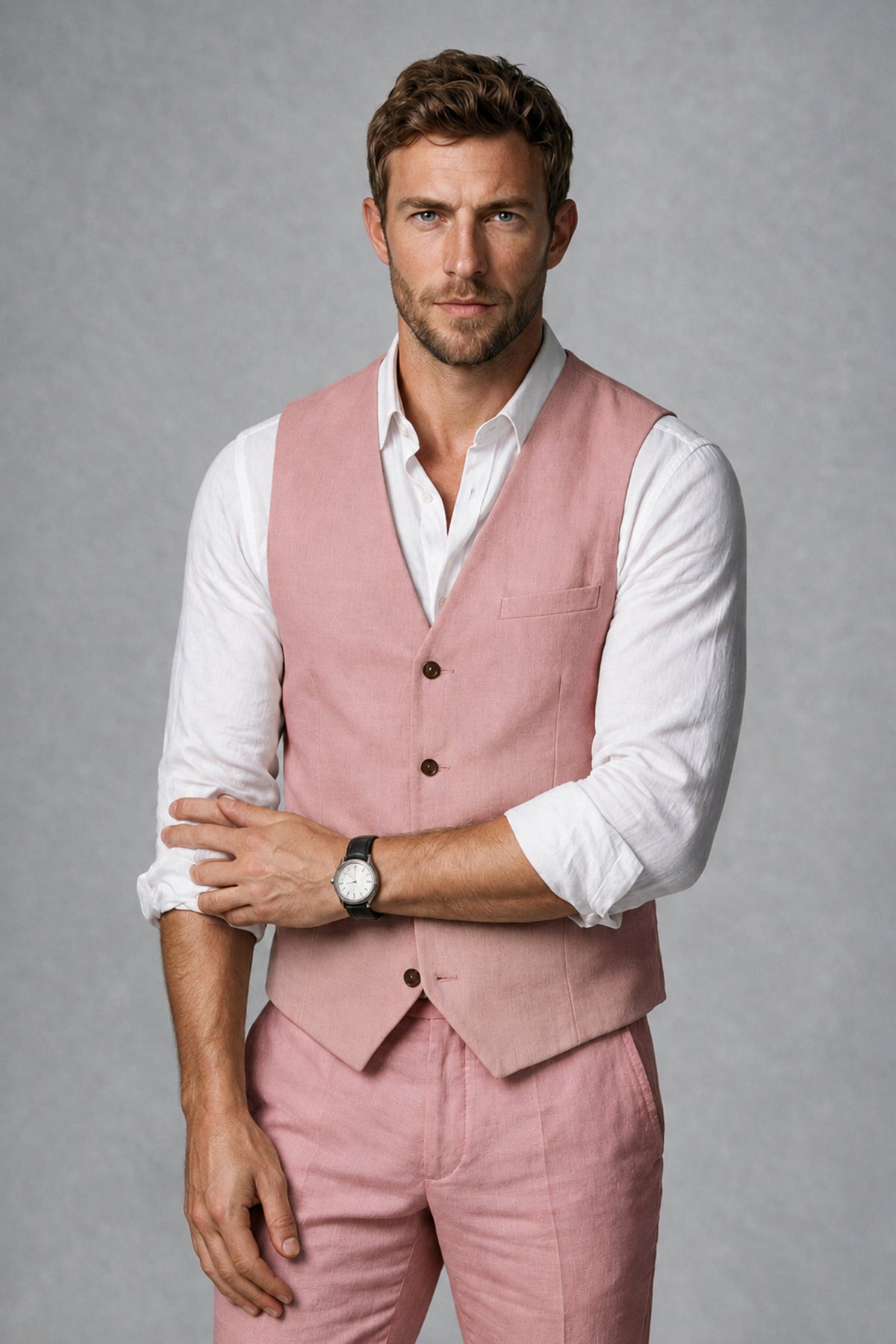 Men's Dusty Rose Linen Blend Single-Breasted V-Neck Suit Vest | Savile QX0101 - Dusty Rose