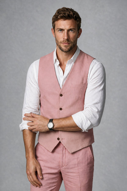 Men's Dusty Rose Linen Blend Single-Breasted V-Neck Suit Vest | Savile QX0101 - Dusty Rose