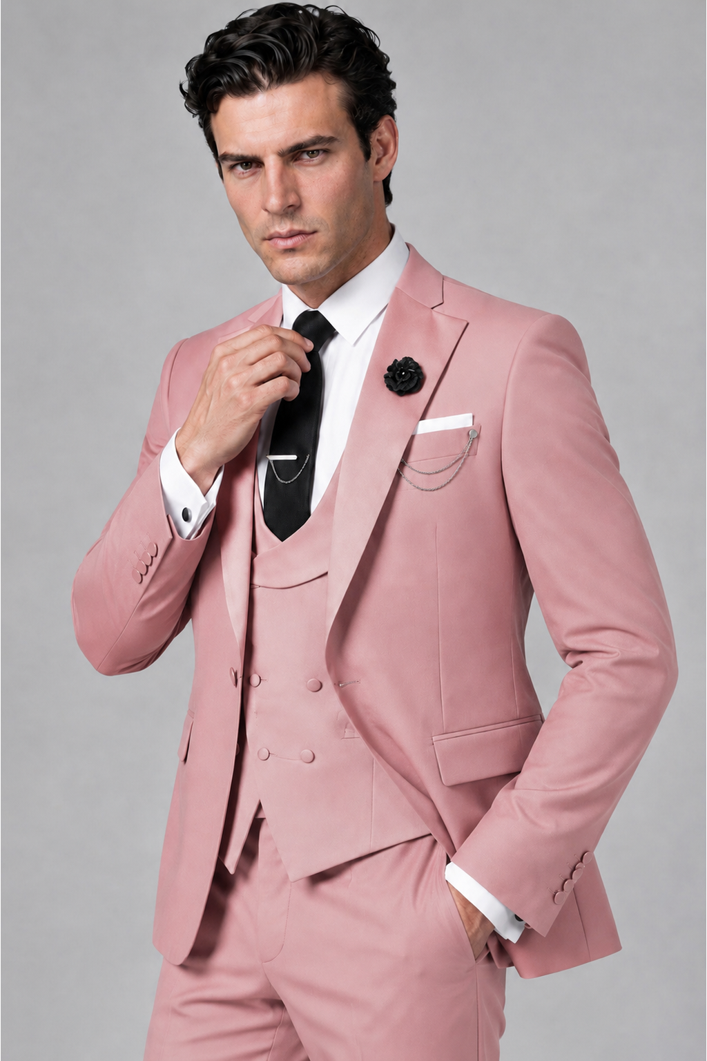 Savile Men's Dusty Rose 3-Piece Tuxedo Suit – Contrast Silver Peak Lapel & Grey Vest Formal Set - Dusty Rose - Dusty Rose_3
