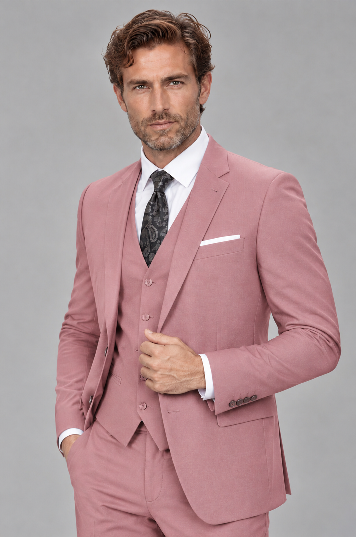 Savile Men's Dusty Rose 3-Piece Suit Set – Notch Lapel Blazer, Vest & Trousers - Dusty Rose - Dusty_Rose_3