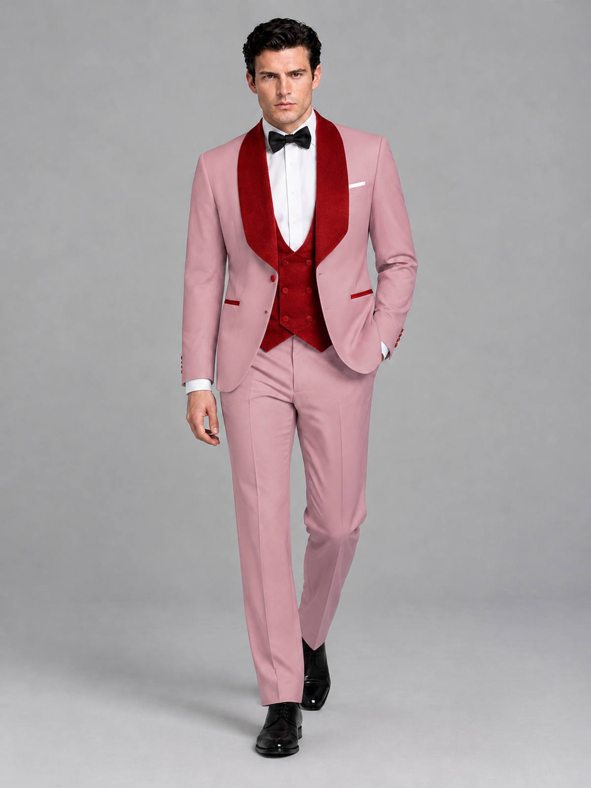 Savile Men's Dusty Rose 3-Piece Tuxedo Suit Set – Contrast Red Shawl Lapel Blazer, Red Waistcoat & Trousers - SUC020 - Dusty_Rose