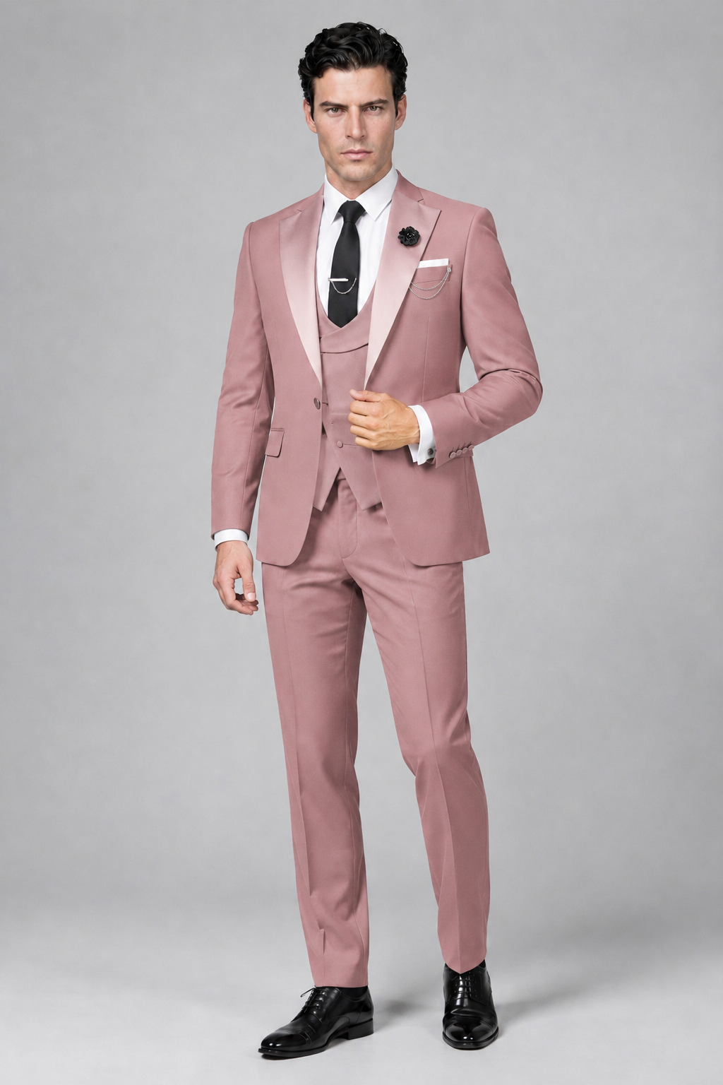 Savile Men's Dusty Rose 3-Piece Tuxedo Suit – Contrast Silver Peak Lapel & Grey Vest Formal Set - Dusty Rose - Dusty Rose_4