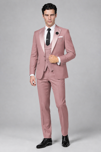 Savile Men's Dusty Rose 3-Piece Tuxedo Suit – Contrast Silver Peak Lapel & Grey Vest Formal Set - Dusty Rose - Dusty Rose_4