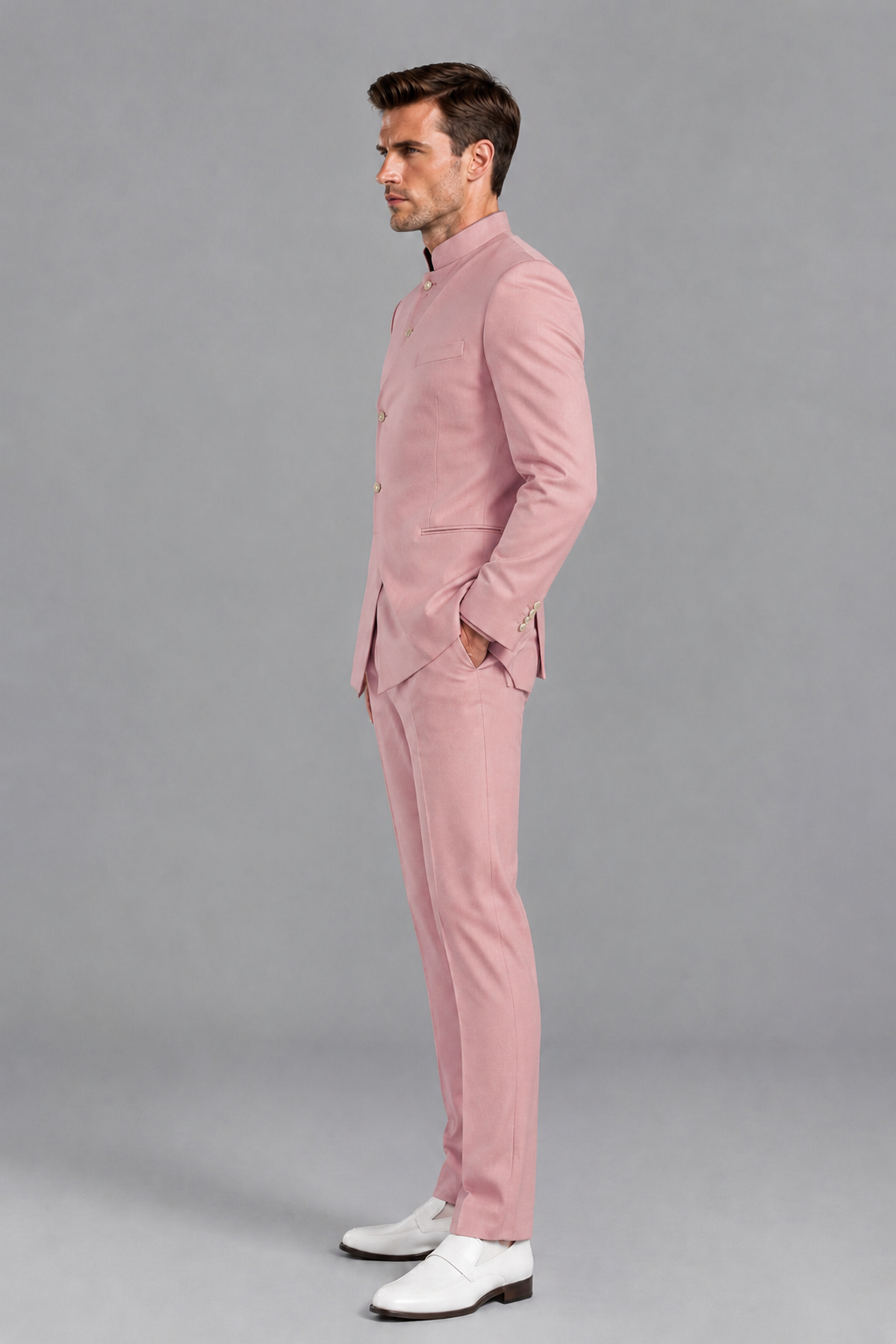 Savile Men's Dusty Rose Asymmetrical Mandarin Collar Tuxedo Suit – Modern 2-Piece Gold Button Wedding, Prom & Gala Set - Dusty Rose - Dusty Rose_4