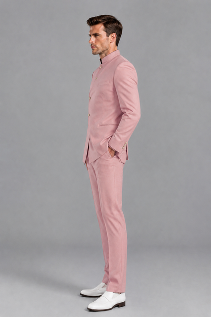 Savile Men's Dusty Rose Asymmetrical Mandarin Collar Tuxedo Suit – Modern 2-Piece Gold Button Wedding, Prom & Gala Set - Dusty Rose - Dusty Rose_4