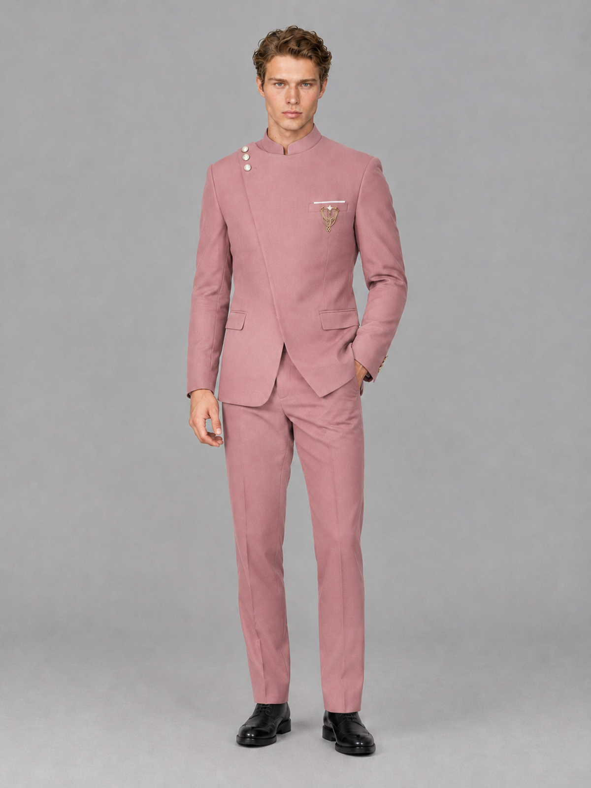 Savile Men's Dusty Rose Mandarin Collar Asymmetrical 2-Piece Suit Set – Modern Jacket & Trousers - Dusty Rose - Dusty Rose_4
