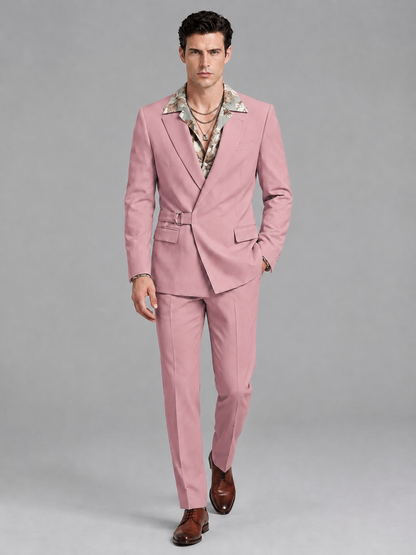 Savile Men's Dusty Rose Belted Wrap 2-Piece Suit – Peak Lapel Blazer & Tailored Trousers - SUC060 - Dusty Rose - Dusty Rose_4