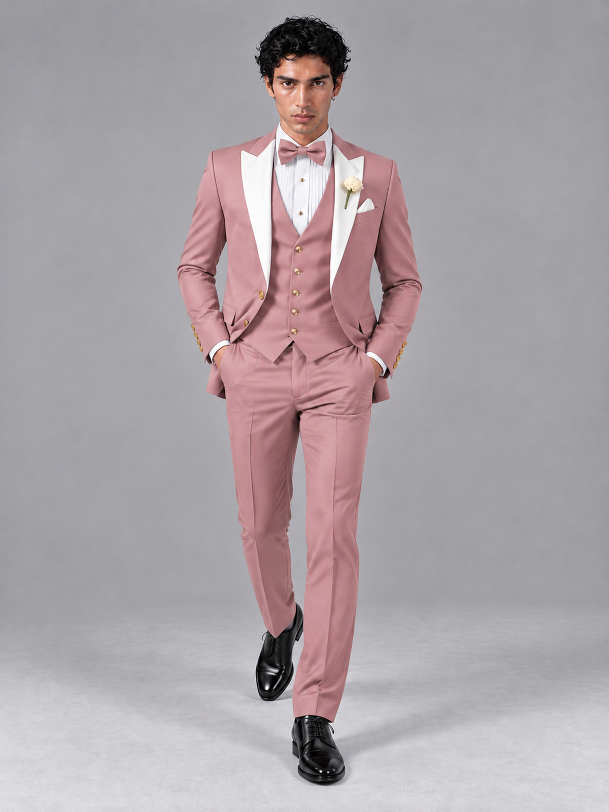 Savile Men's Dusty Rose Contrast White Peak Lapel 3-Piece Tuxedo Suit - Dusty_Rose