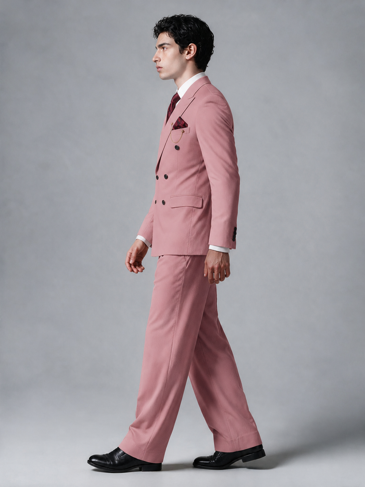 Savile Men's Dusty Rose Double-Breasted 2-Piece Suit Set – Peak Lapel Blazer & Pleated Wide-Leg Trousers - Dusty Rose - Dusty Rose_4