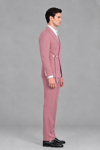 Savile Men's Modern Dusty Rose 2-Piece Wrap Suit Set – Peak Lapel Side-Button Blazer & Tailored Trousers - Dusty Rose - Dusty_Rose_4