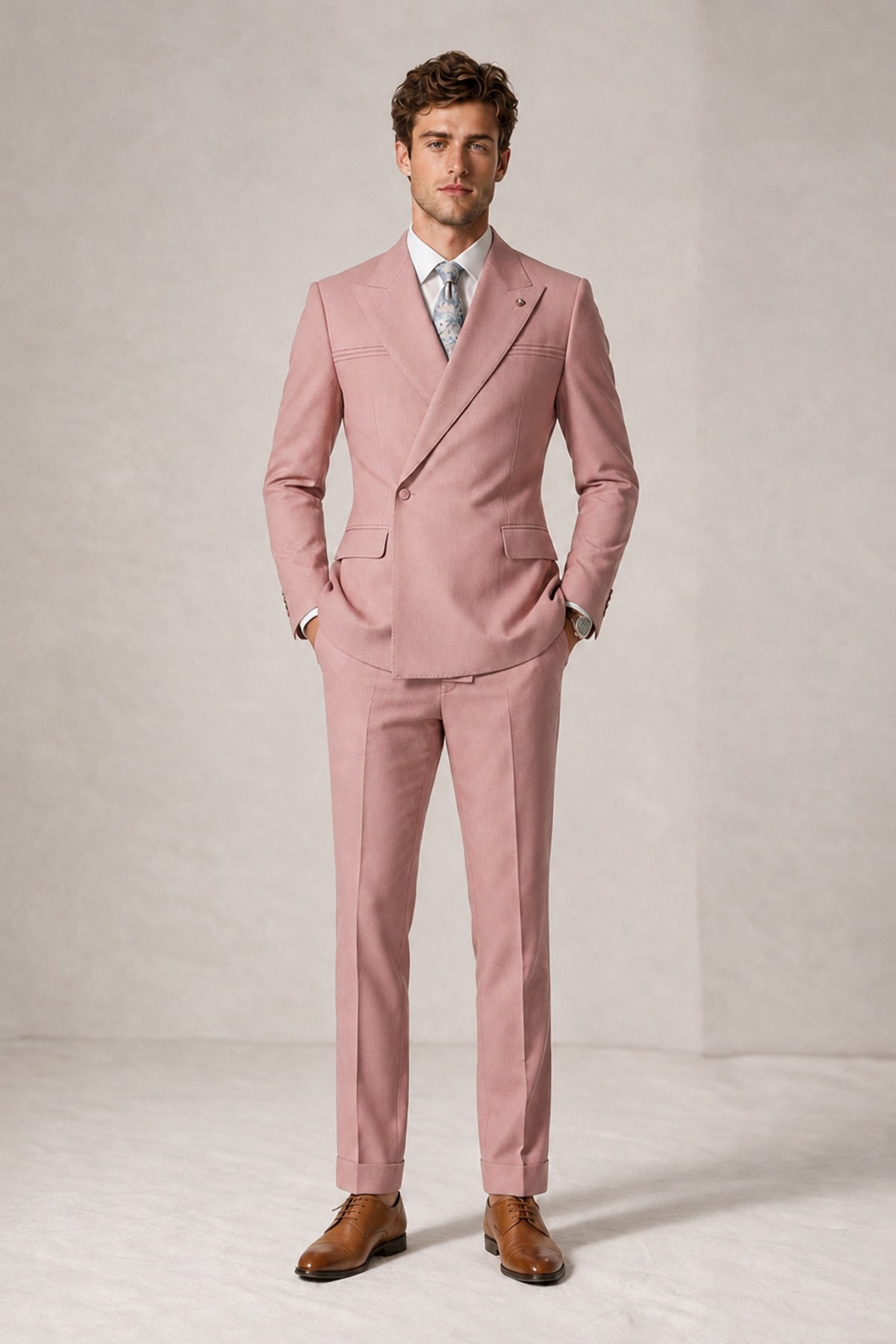 Savile Men's Dusty Rose Double-Breasted Slim Fit 2-Piece Suit Set – Peak Lapel Blazer & Cuffed Trousers | Wedding Prom Formal - Dusty Rose