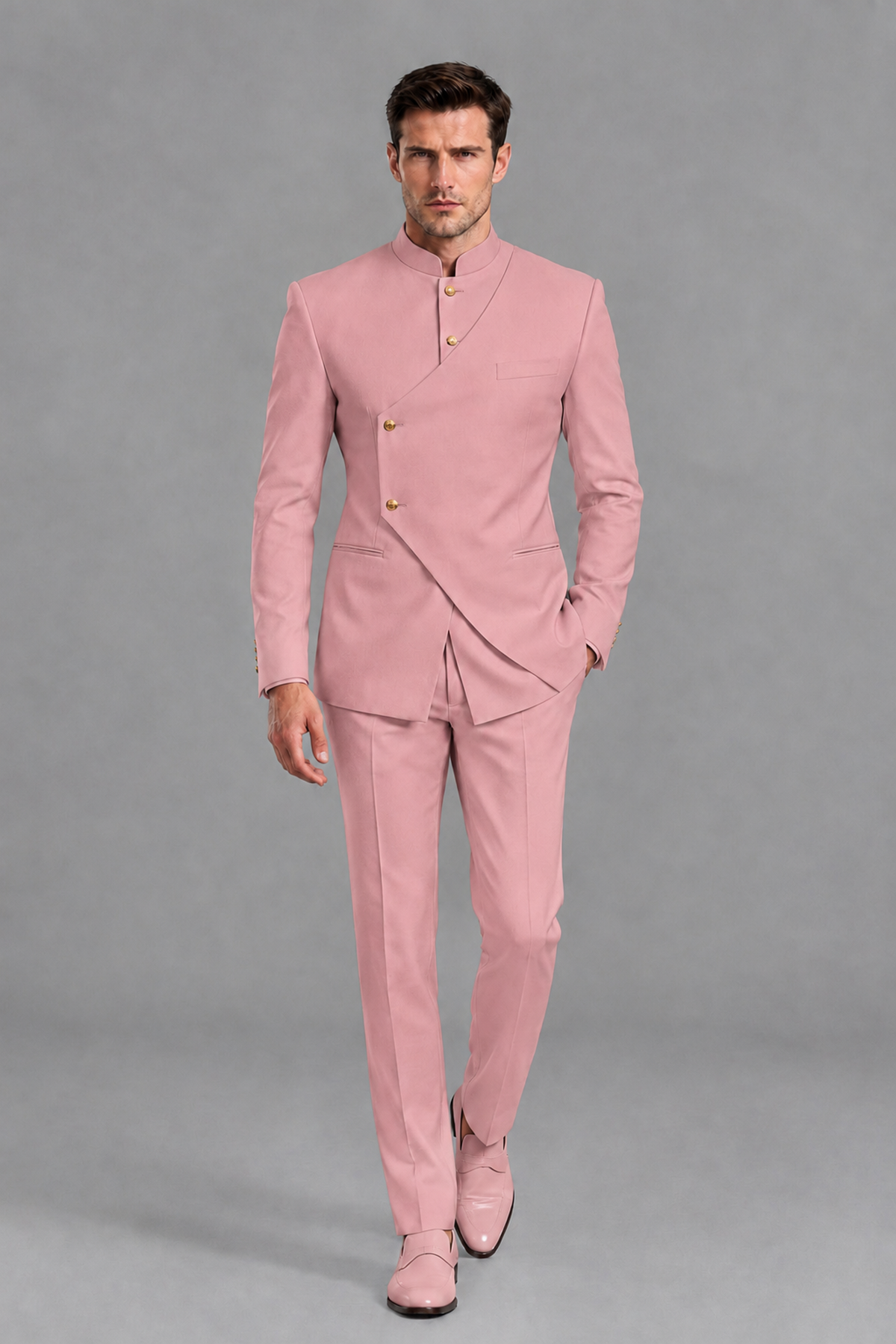 Savile Men's Dusty Rose Asymmetrical Mandarin Collar Tuxedo Suit – Modern 2-Piece Gold Button Wedding, Prom & Gala Set - Dusty Rose - Dusty Rose_5