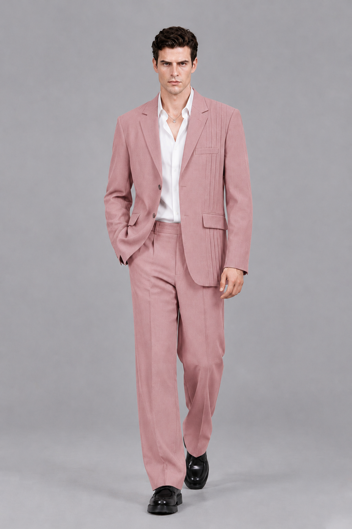 Savile Men's Dusty Rose Pleated 2-Piece Suit Set | Notch Lapel Blazer & Tailored Trousers - Dusty Rose - Dusty Rose_5