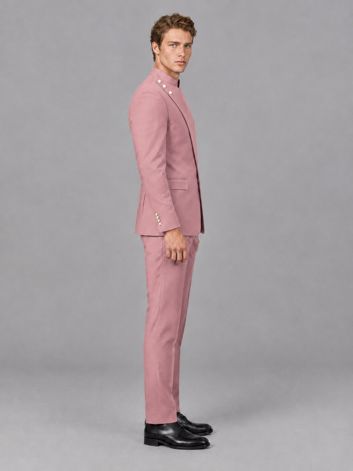 Savile Men's Dusty Rose Mandarin Collar Asymmetrical 2-Piece Suit Set – Modern Jacket & Trousers - Dusty Rose - Dusty Rose_5