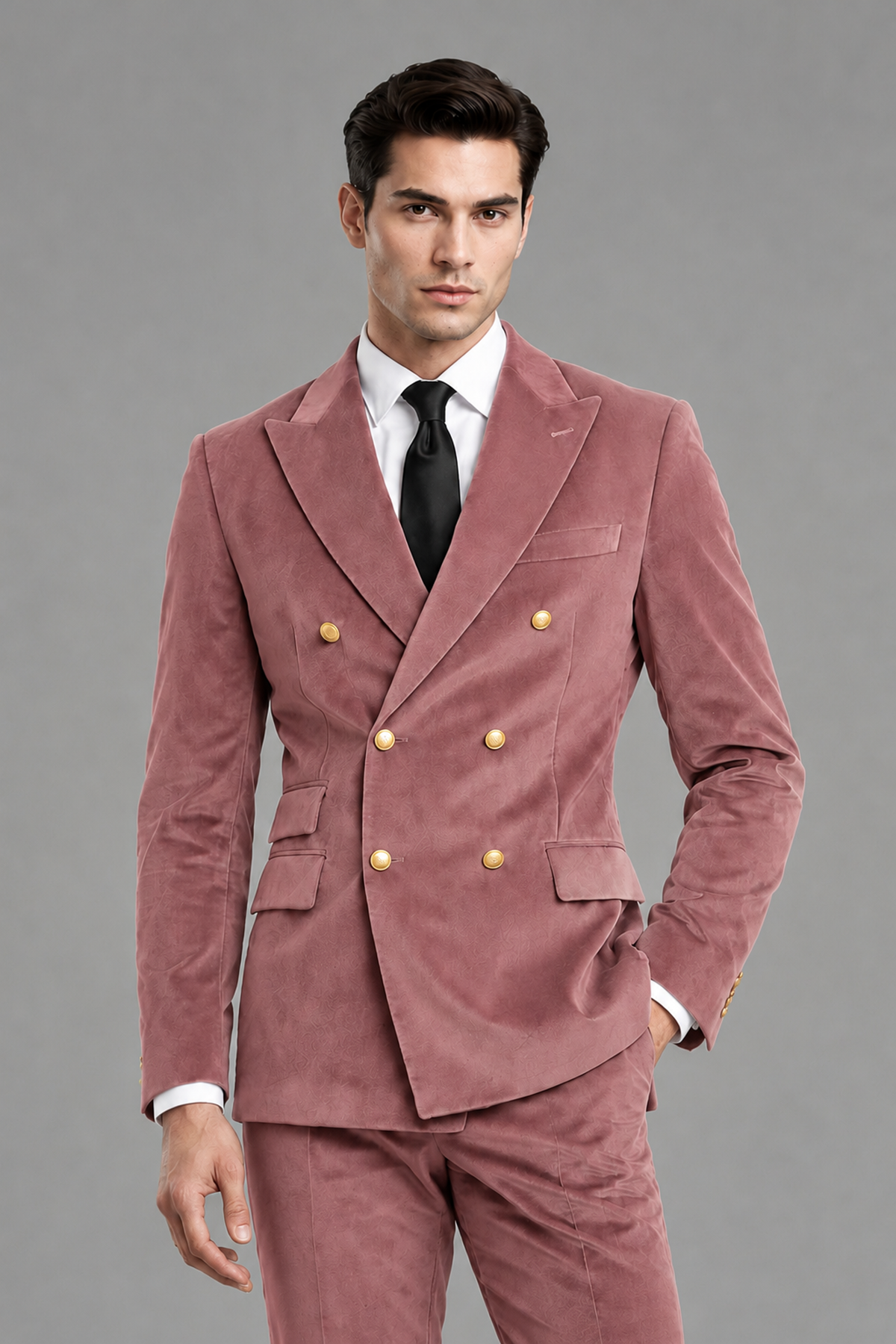 Savile Men's Dusty Rose Velvet Double-Breasted 2-Piece Suit Set | Peak Lapel Blazer & Trousers - Dusty Rose