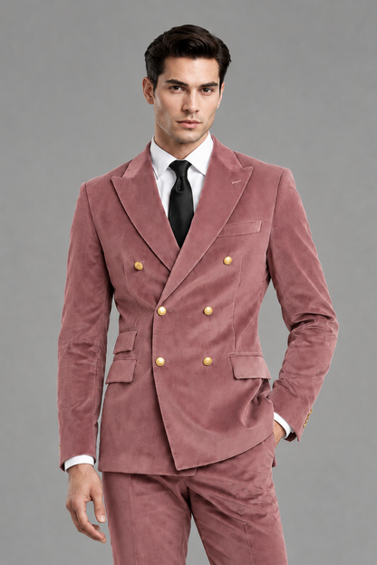 Savile Men's Dusty Rose Velvet Double-Breasted 2-Piece Suit Set | Peak Lapel Blazer & Trousers - Dusty Rose