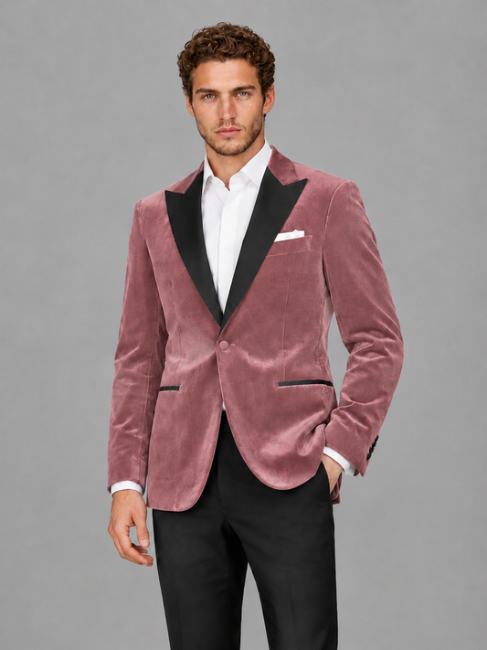 Savile Men's Dusty Rose Velvet Peak Lapel 2-Piece Tuxedo Suit Set | Jacket & Trousers - Dusty Rose