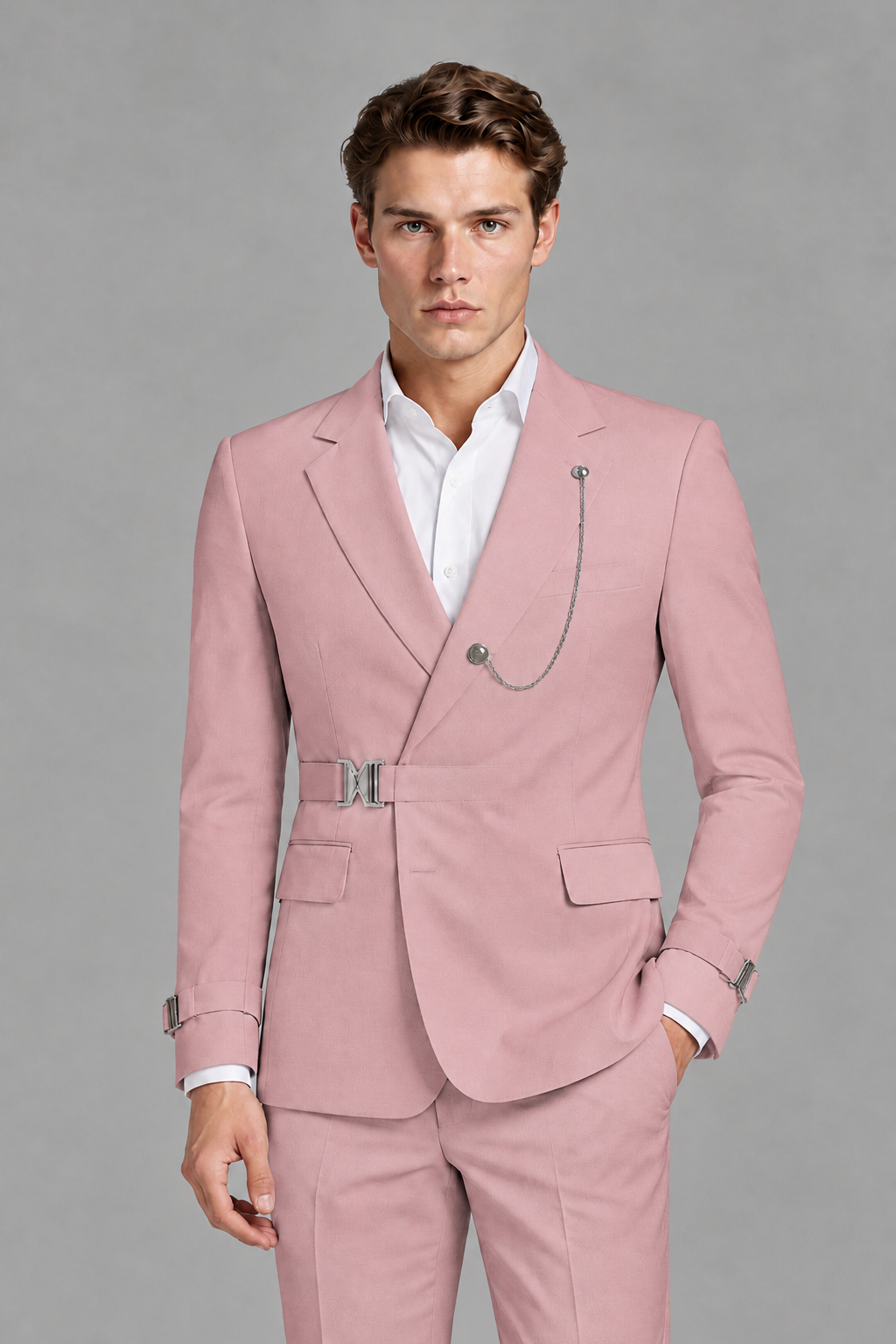 Savile Men's Dusty Rose Buckle-Closure 2-Piece Suit Set | Peak Lapel Blazer & Trousers - Dusty Rose
