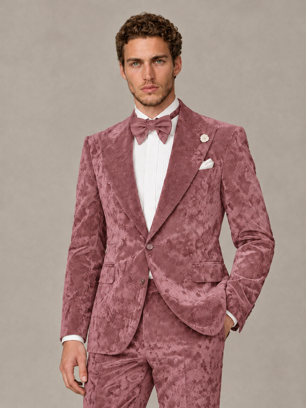 Savile Men's Dusty Rose Crushed Velvet Peak Lapel 2-Piece Suit Set | Jacket & Trousers - Dusty Rose - Dusty Rose (1)